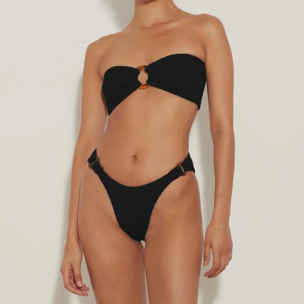 New Hunza G Gloria Bikini Set Black Strapless Bandeau Crinkle One Size Stretchy